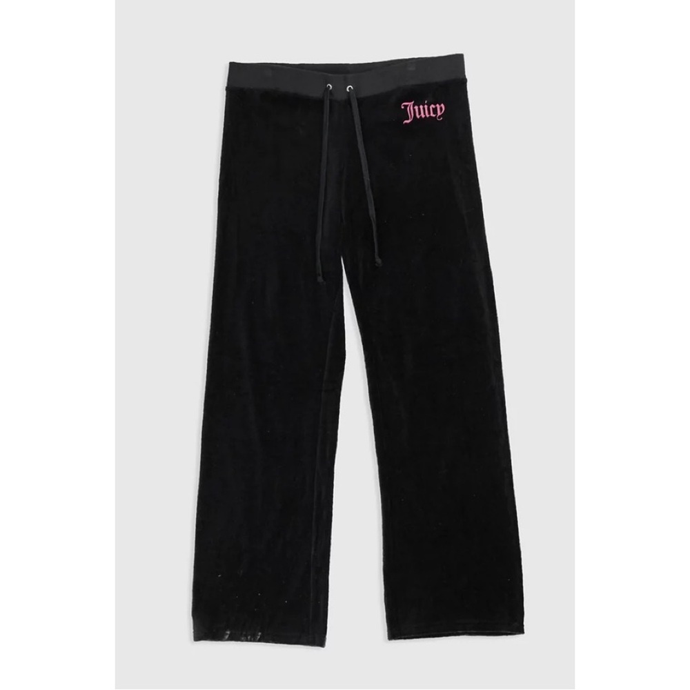 Y2K Juicy Couture Black Velour Track Pants Pink Logo Wide Leg Size M